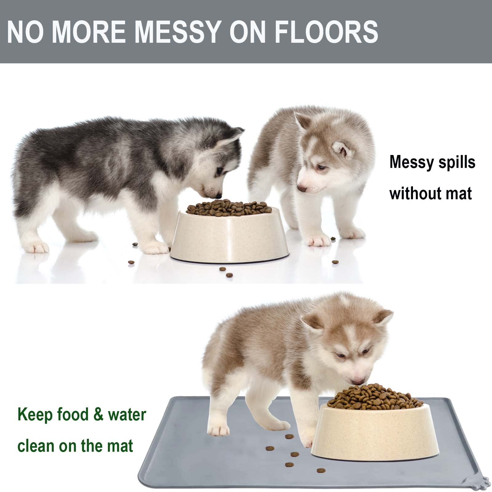 Tapis d'alimentation en silicone imperméable pour chien et chat - 48 x 30,5 cm - Gris