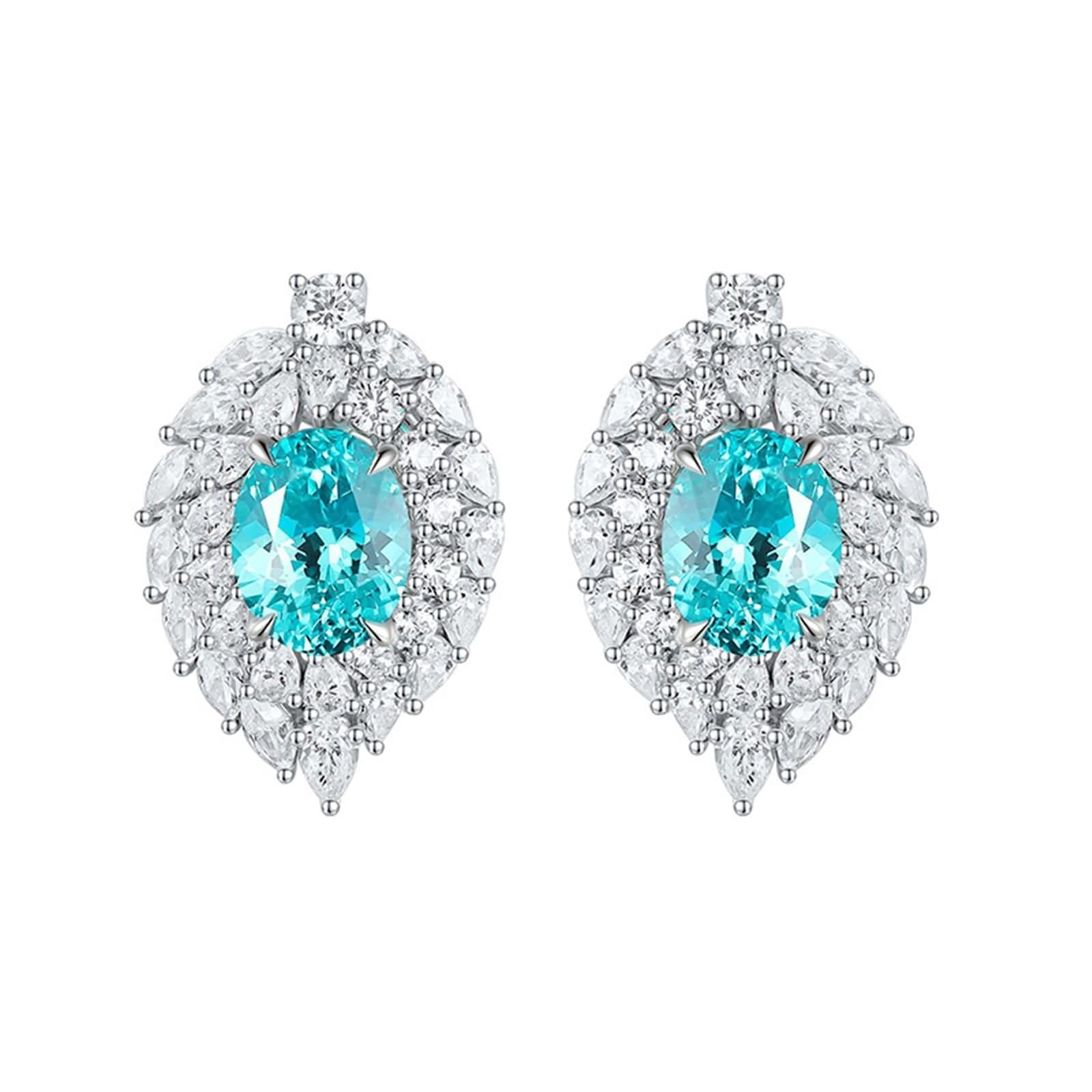 Oro Blanco Pendientes Mujer 9K / 14K / 18K, Oval con Turmalina Paraiba Creada, Pendientes Mujer Boda de Plata Azul Claro