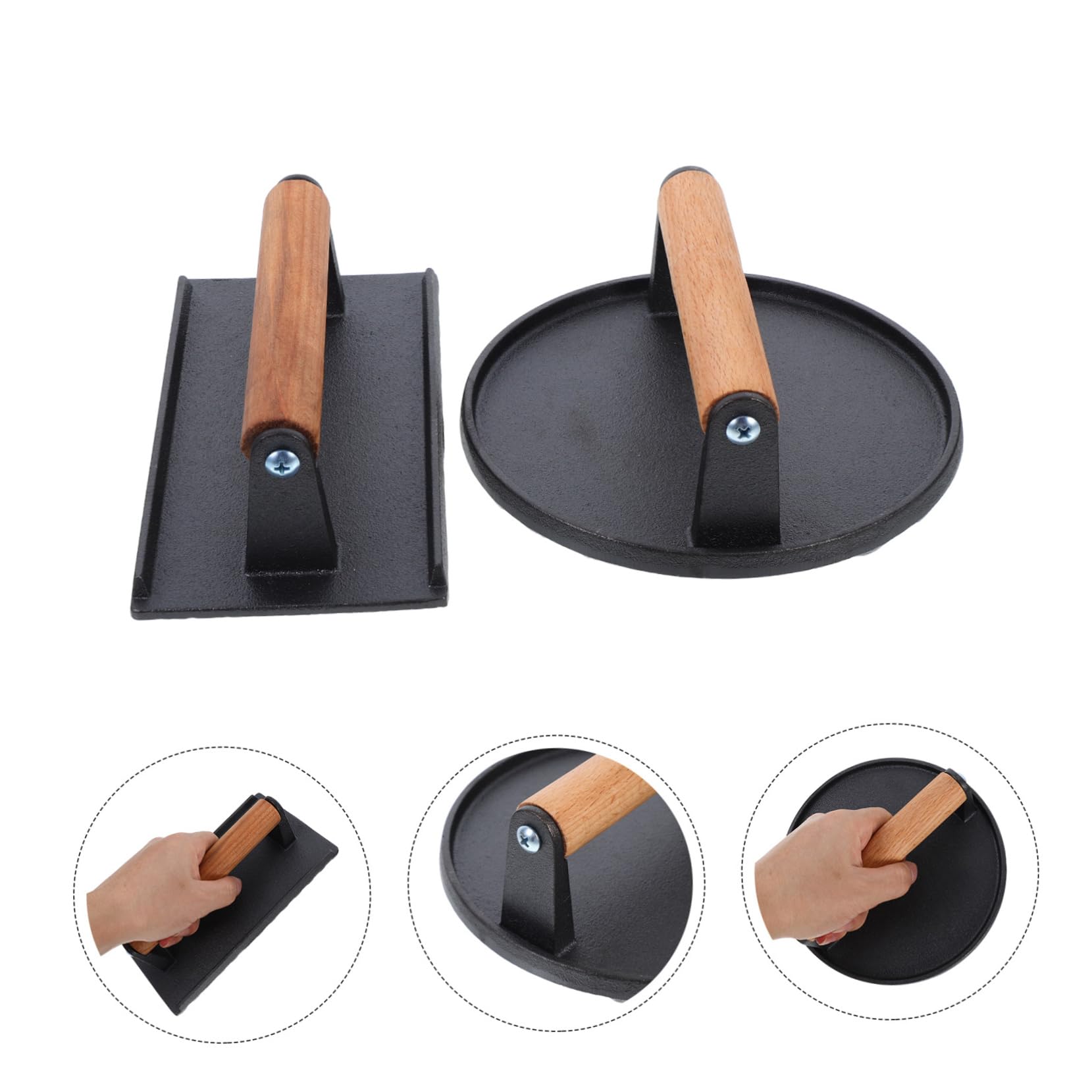 Mikikit 2stücke Fleischpresse Aus Gusseisen Mit Holzgriff Aufschnittmaschine Für Grill BBQ Und Küche Kompatibel Mit Herden Und Grillplatten Für Burger Frühstücksspeck Und Fleischgerichte