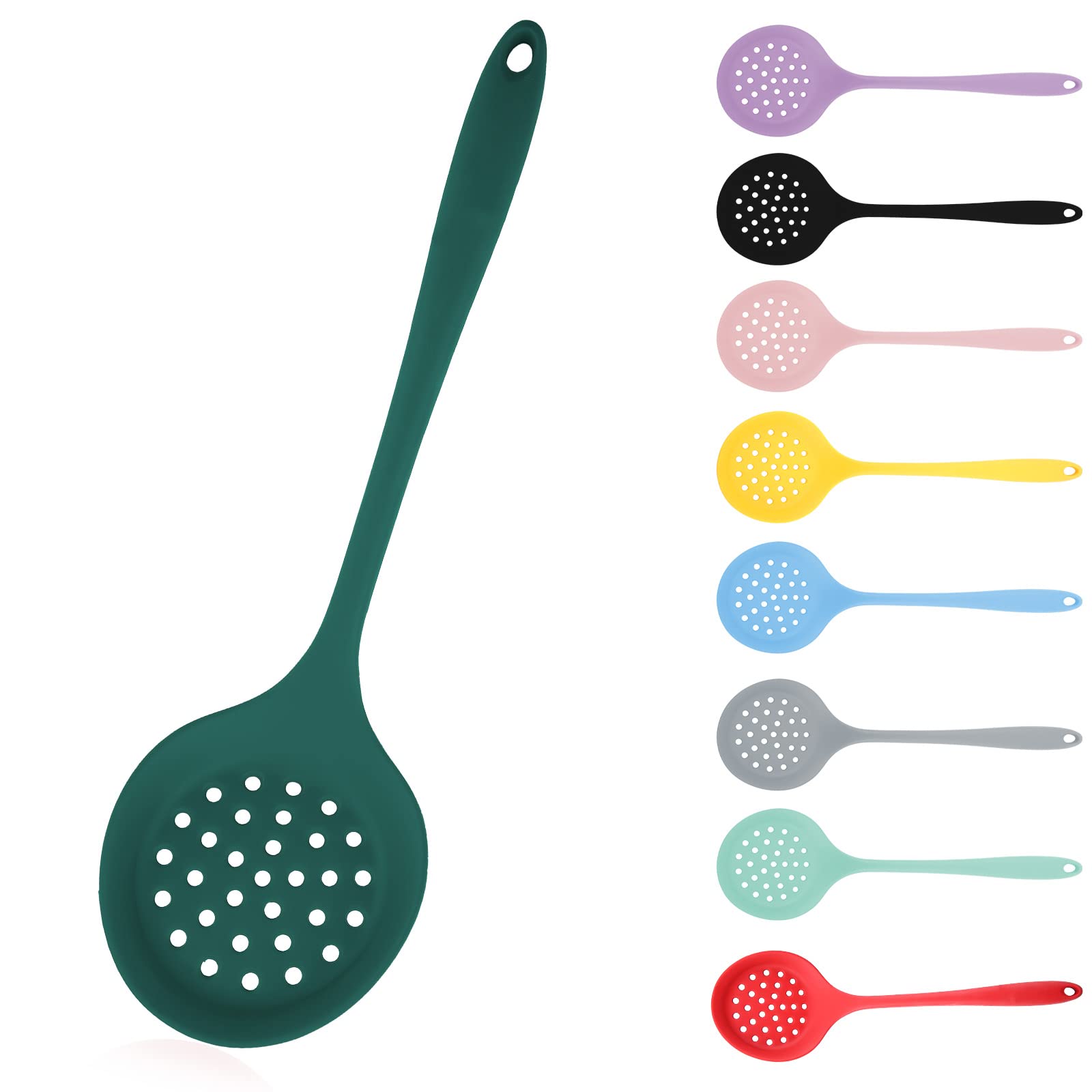 Dark Green Silicone Slotted Strainer Skimmer, Non-Stick Heat Resistant Cooking Spoon
