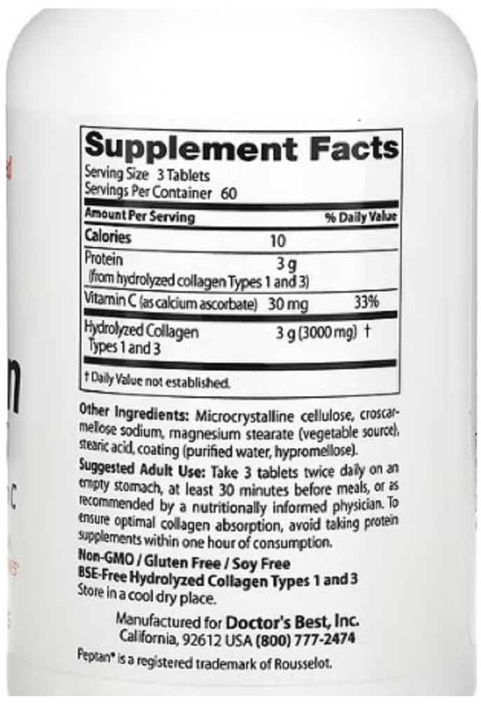 Doctor's Best - Colágeno Tipos 1 y 3 con Peptan y Vitamina C | Apoyo para la salud de la piel y las articulaciones - 1000 mg - 180 tabletas