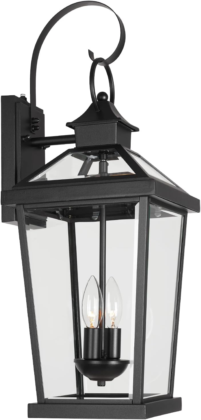 JYZ Dusk to Dawn Outdoor Wall Sconce, 24 Inch Waterproof Exterior Wall Lantern with Textured Glass, 2-Light Anti-Rust Classic Porch Light for Front Door Garage Patio Yard JYOWL06-BK-L 06-Large Dusk to Dawn Sensor