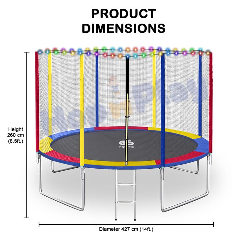 Image of Hop N Play Festive Edition 14 feet Heavy-Duty Jumping Trampoline for Adults & Kids with Safety Net, Remote-Control Waterproof LED Lights- Perfect for Indoor & Outdoor, Bouncer, Supports Upto 250kg