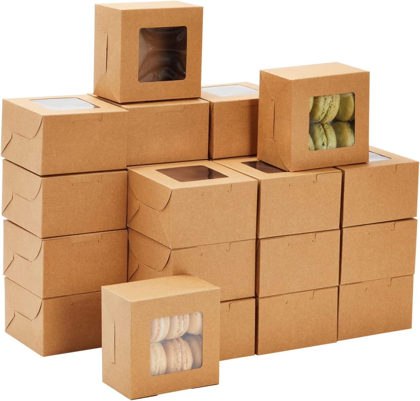 Brown Bakery Boxes with Window Cookie Boxes 3x3x2 Inches Small Cake Box Kraft Paper Treat Boxes for Cookies, Pastry, Cupcakes, Pie, Donuts 25 brownie kraft (SMALL SIZE BOX)