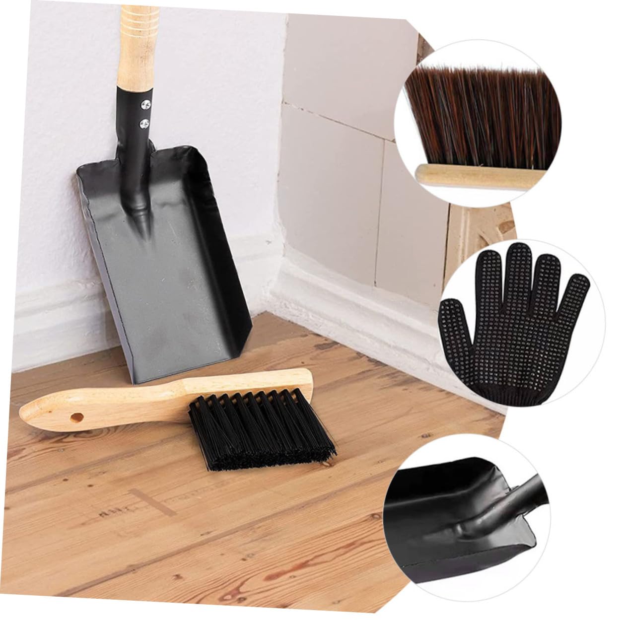 Set Attrezzi per Caminetto Paletta in Acciaio e Spazzola in Silicone, Manico in Legno, Facile da Riporre, Angoli Arrotondati, la Pulizia del Stufa Domestico