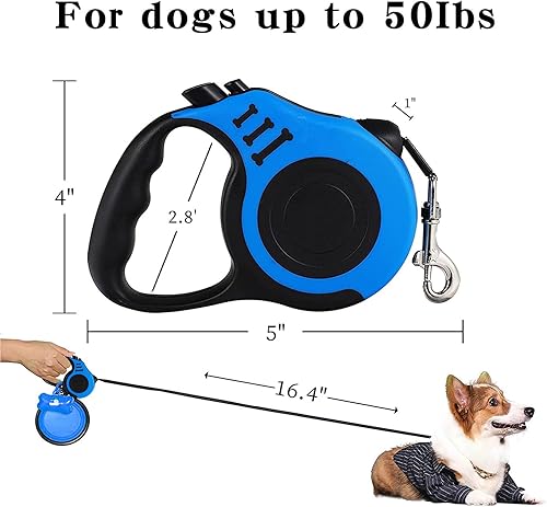 Miniatura 2 de Correa retráctil resistente para perros, cinta de nailon azul de 16 pies, sin enredos, mango antideslizante, con dispensador de bolsas de basura