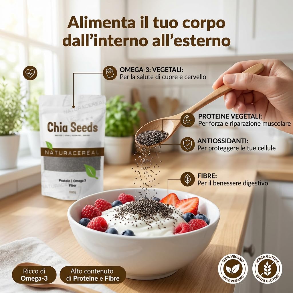 Naturacereal Semi di Chia 5kg - Crudo e 100% Naturali - Ricchi di Omega 3, Fibre e Proteine - Alimento Low-Carb e Superfood per Yogurt e Frullati - Qualità Premium Salvia Hispanica