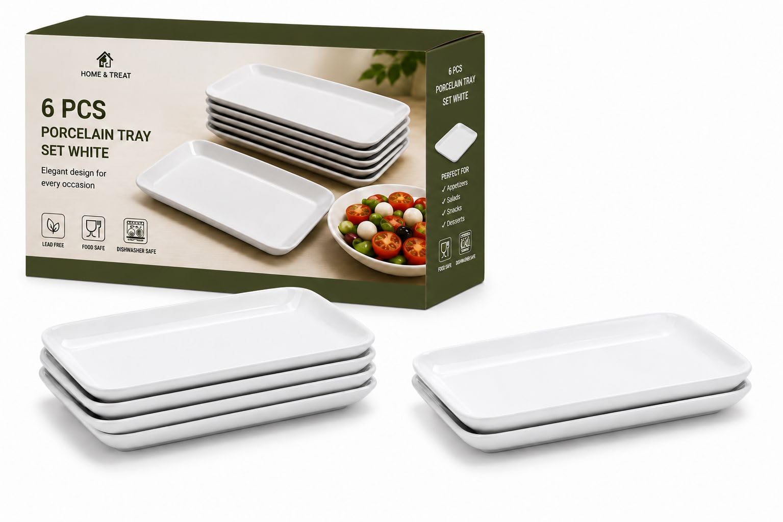 Home & Treat Porcelain Serving Platters Set of 6, White Rectangular Plates 8 Inch, Oven Safe Serving Dishes for Buffet, Appetisers, Dessert, Sushi & Party Food