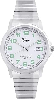 Mens Stretch Watch, Big Glow in The Dark Numbers - Easy to Read White Dial with Date, Full 316L Stainless Steel Watch, Long Expansion Band - 38mm Analog Men's Metal Wrist Watches - Silver