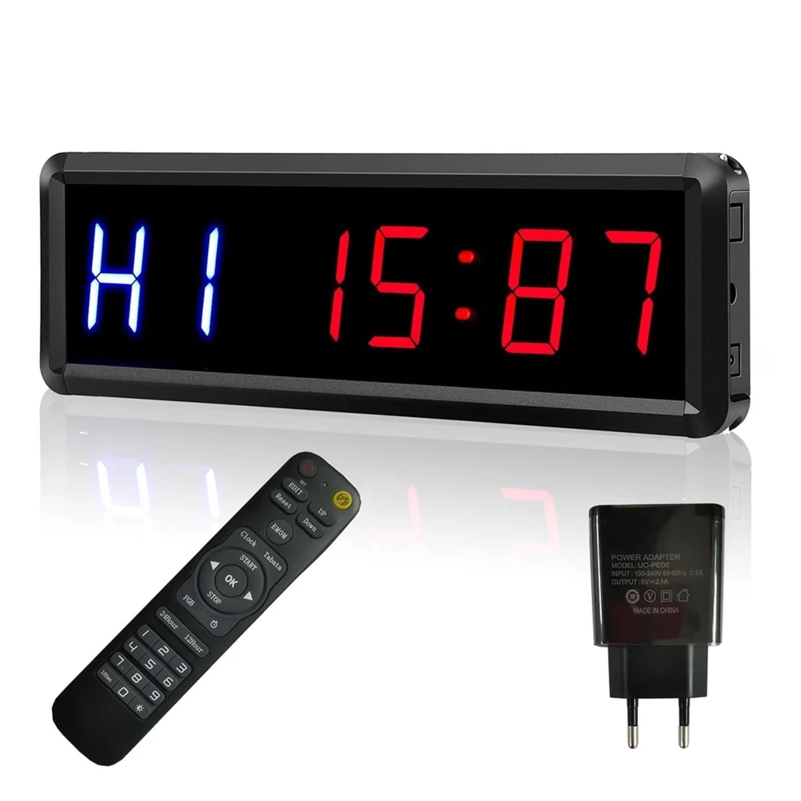 1.5 ''grande horloge de gymnastique chronomètre compte à rebours/haut, d'intervalle minuterie d'entraînement avec Buzzer, en plein air LED Ouverture à Distance(2 blue 4 red EU Plug)