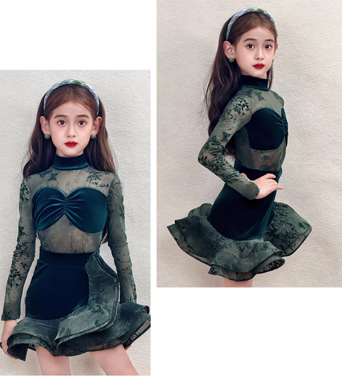 Robe À Franges pour Fille Manches Longues en Velours Tenue De Danse pour Enfant Jupe De Bal Robe De Spectacle pour Entraînement et Spectacle(150cm)