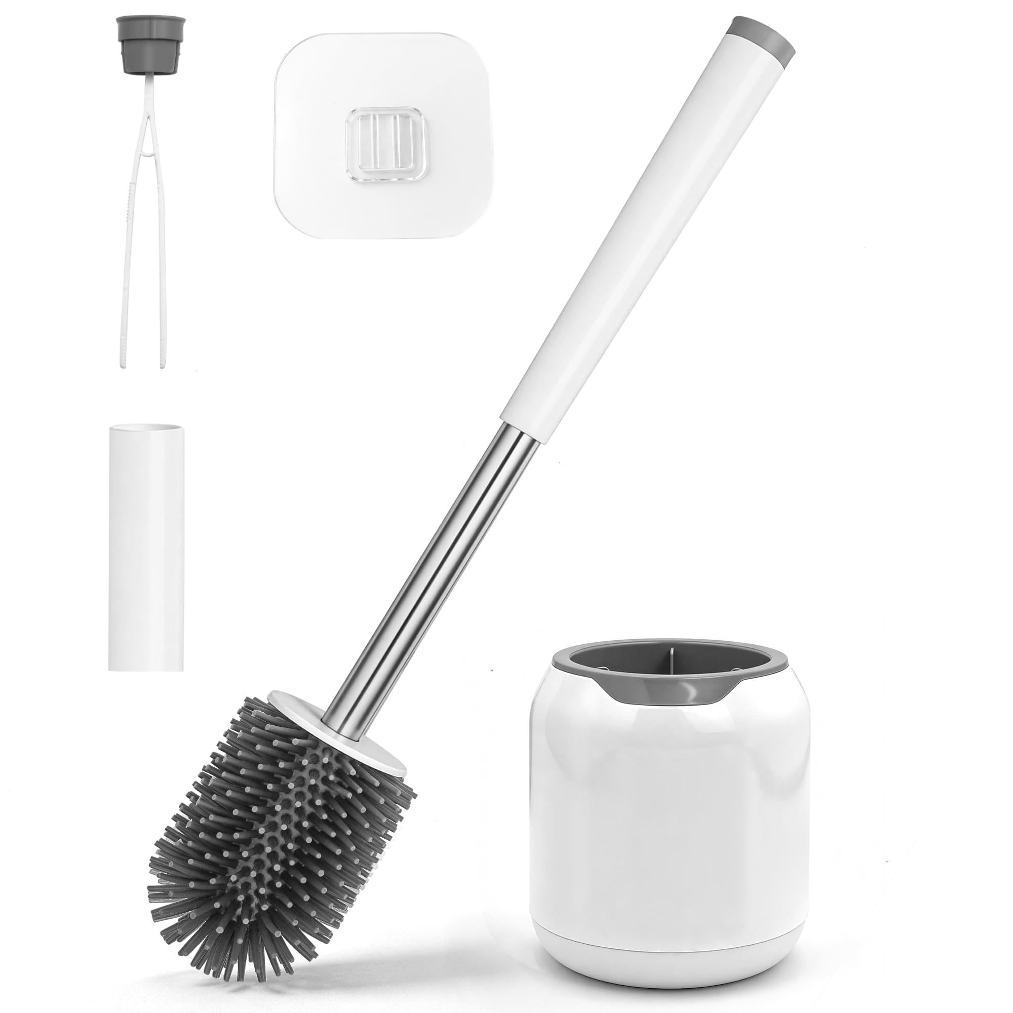 TidyBliss Silicone Toilet Brush and Holder Set, Wall-Mounted Compact Rubber Bathroom Bowl Cleaning Kit with Tweezers for RV Camper Bathtub Sink Wash Basin (White & Grey)