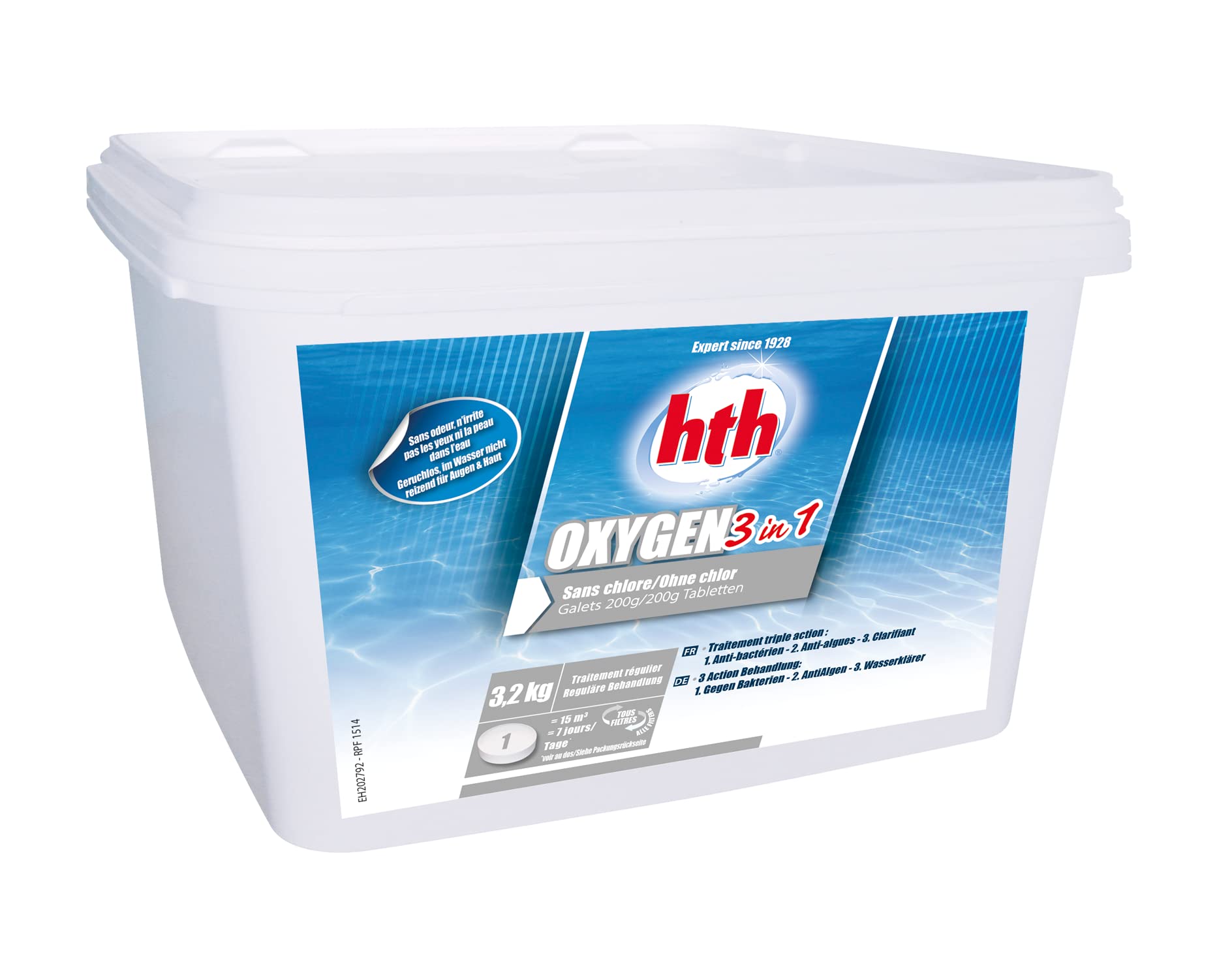 HTH Oxygen 3 en 1 Galet Multi Fonction 200g - 3,2kg | Oxygène Actif Multiaction - Désinfection Régulière Multifonction - sans Chlore - Dissolution Lente + 10 Tests HPS OFFERTS 6 en 1