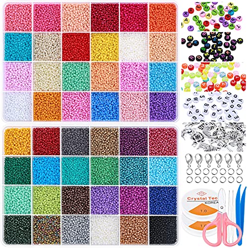 Bracelets Beads, Beads for Jewelry Making 36400 pcs, 2mm Pony Seed Beads for Necklaces Earring, Colorful Letter Alphabet Beads DIY Art Craft ,2 Rolls Clear String Elastic Cord 20pcs Silver Pendants
