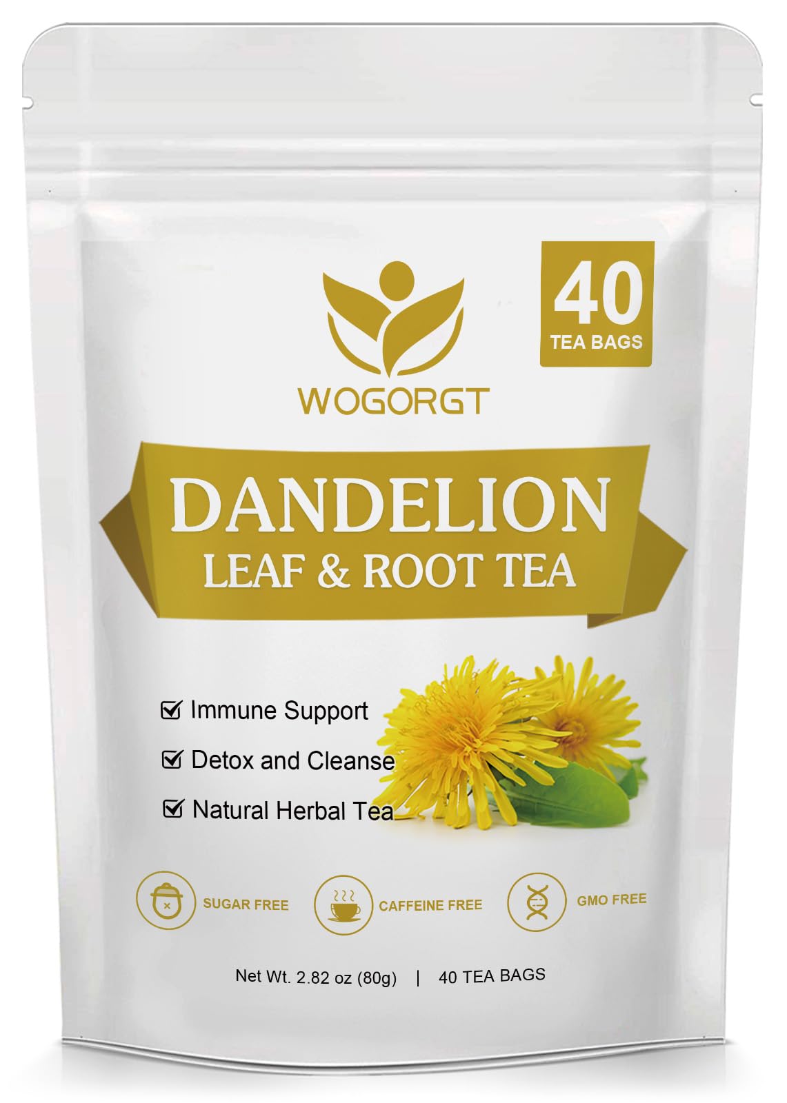 Dried Dandelion Leaf & Root Tea - Natural Dandelion Herbal Tea for Liver Support, Antioxidant, Digestion and Immune Support, Caffeine Free - 40 Tea Bags
