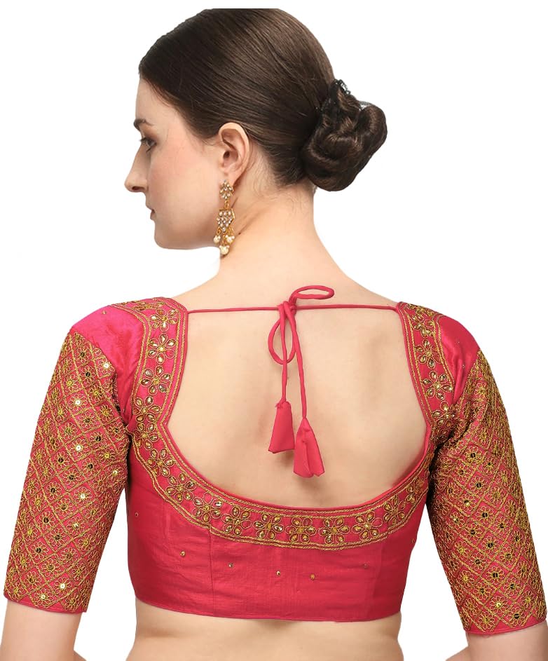 Pujia Mills Women's Embroidery Handwork Sequence Work Necklace Design Readymade Blouse