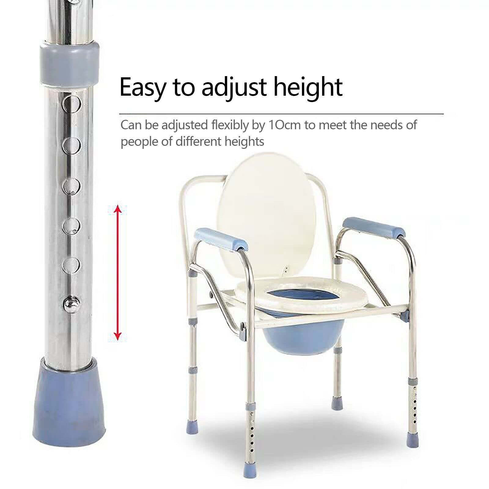 Krzesło toaletowe, stal nierdzewna, z regulacją wysokości, ergonomiczne oparcie z wbudowaną toaletą do 150 kg, dla osób niepełnosprawnych, osób starszych, składane, lekkie podłokietniki