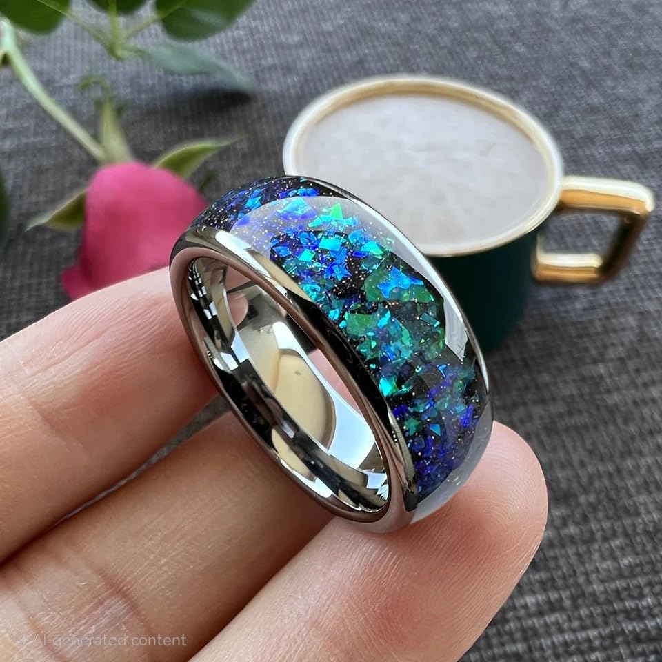 8MM Men Women Tungsten Carbide Ring Band Blue Green Opal Fragments Inlay Dome Shiny Polish Ring Band3