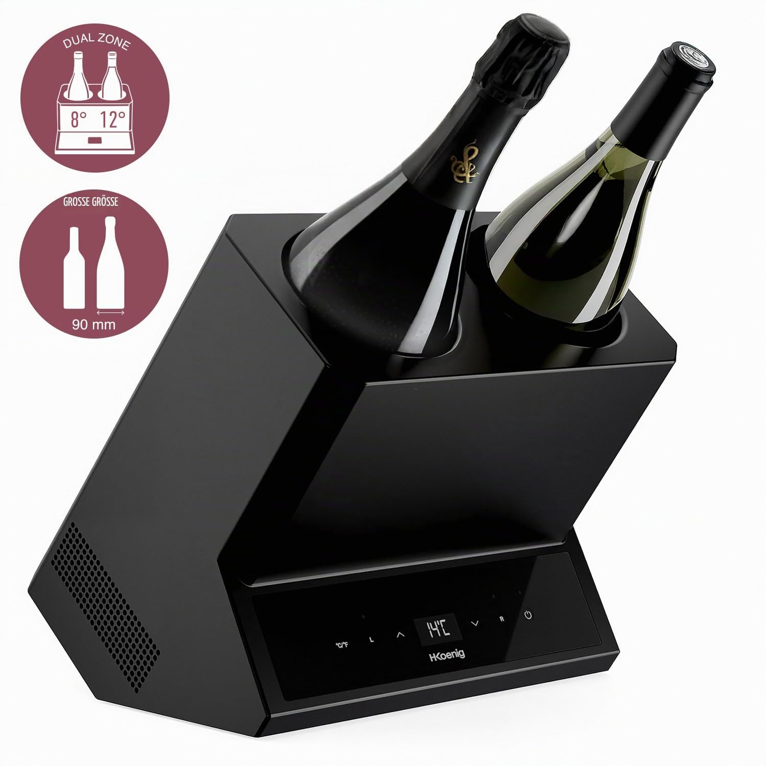 H.Koenig Weinkühler LVX28, 2 Flaschen, Weißwein, Rotwein, Rosé, Champagner, bis zu 9 cm Durchmesser, einstellbare Temperatur von 5 °C bis 18 °C, digitale Steuerung, thermoelektrisches System, 87 W