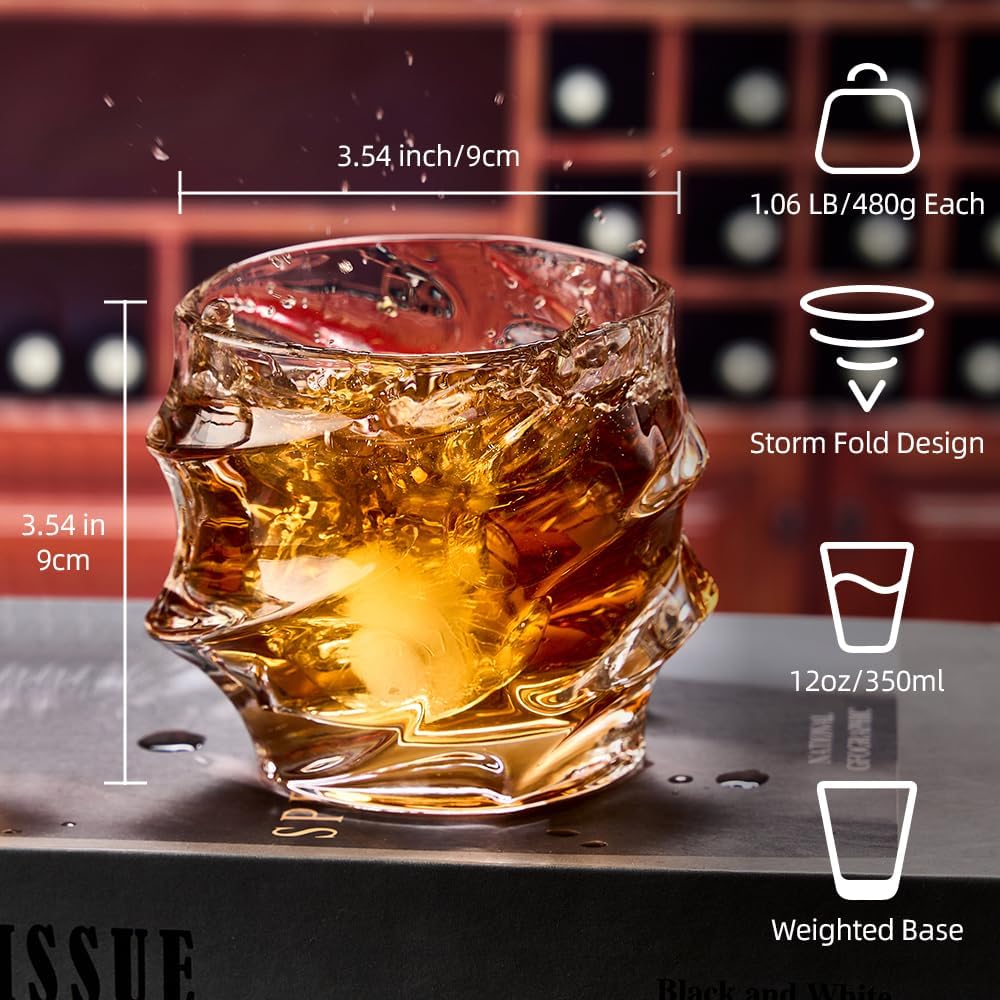GLASKEY 12 oz Storm Japanese Whiskey Glasses Set of 4, Unique Cognac Glass, Heavy Thick Bottom Bar Glass for Scotch Bourbon Rum Gin Water Cocktail,Gifts Men Gifts Ideas