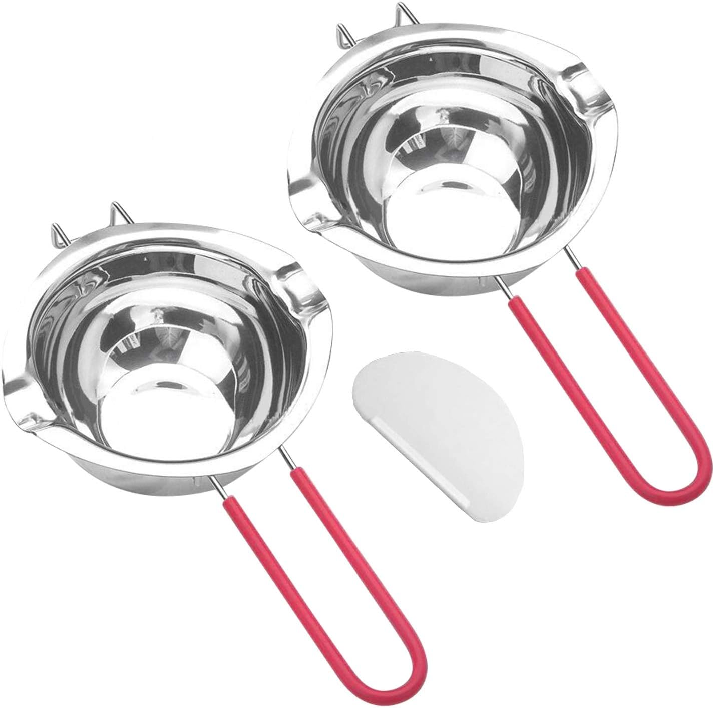 Tebery 2 Pack Stainless Steel Double Boiler Pot Set, 600ML Capacity Melting Pot with Heat-resistant Handle Bonus 1 Plastic Scraper for Melting Chocolate, Butter, Cheese, Caramel and Candy
