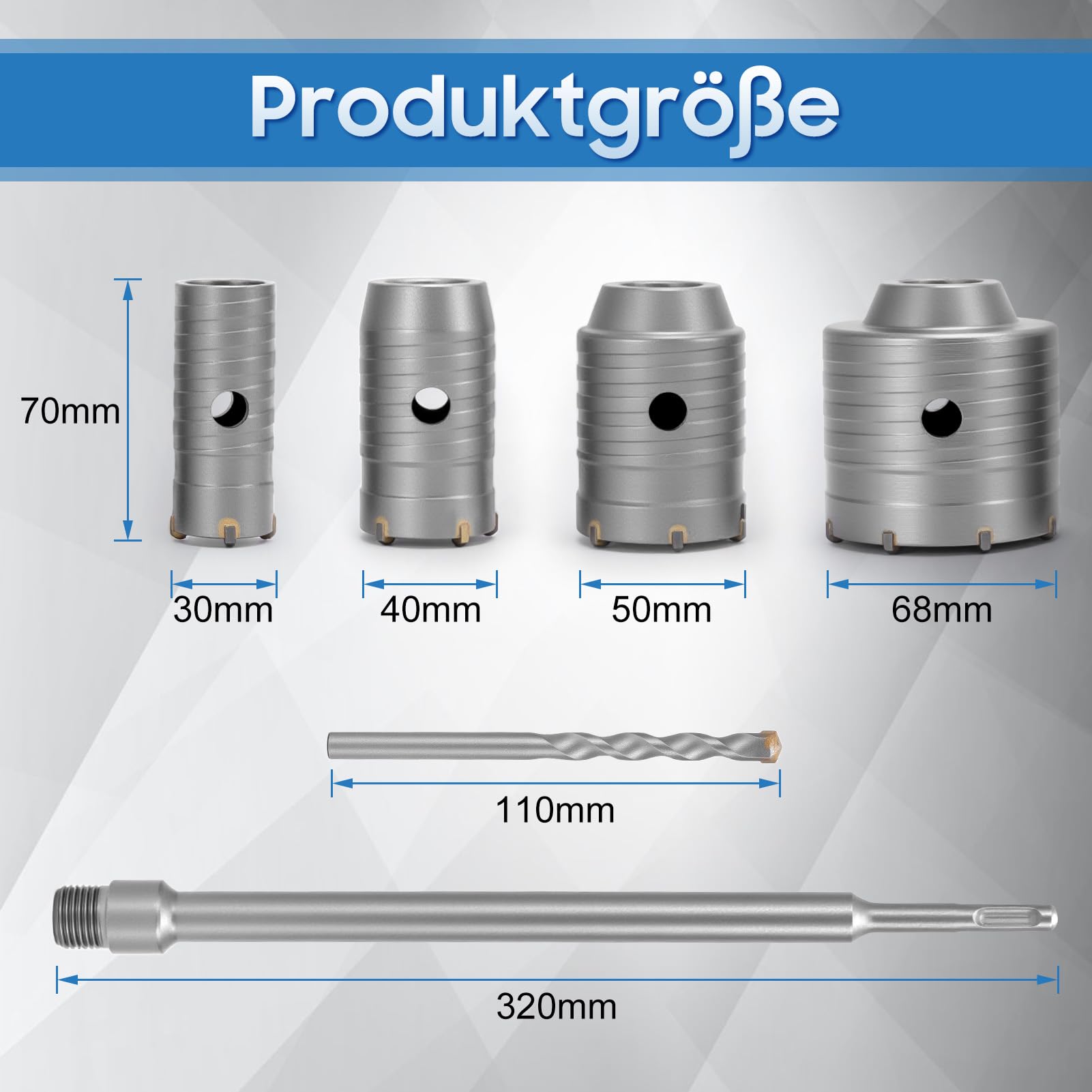 Beton Trockenbohrkronen Set Ø 30mm 40mm 50mm 68mm Bohrkrone Hohl Lochsäge-Dosenbohrer Set mit 320mm Rundgriff SDS Plus Schaft Bohrkrone Steckdose für Beton, Mauerwerk, Ziegel, Zement, Stein