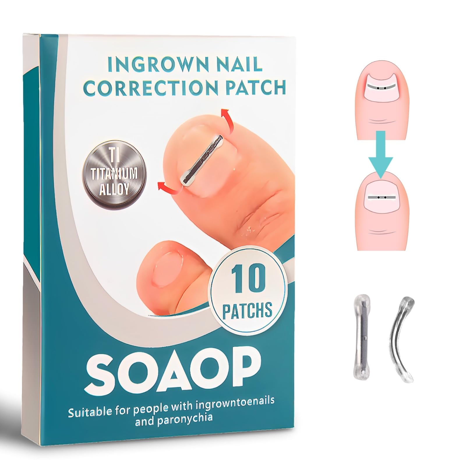 Titanium Alloy Ingrown Toenail Treatment Tool,Toenail Removal Kit for Curved Nail Repair 10 pcaks,Corrector for Man and Women All Size Toenail, (0.59/