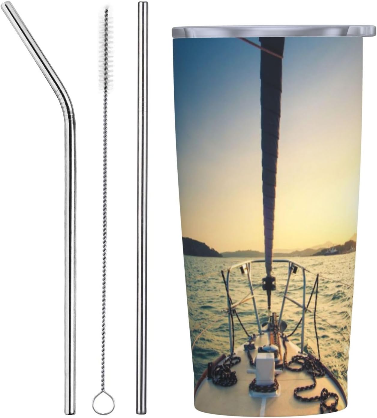 Nose Of Yacht Sailing In The Sea At Sunset Distant Hills Seaside Sun Reflections Reusable Stainless Steel Straw Set For 20oz Car Tumblers With Cleaning Brush