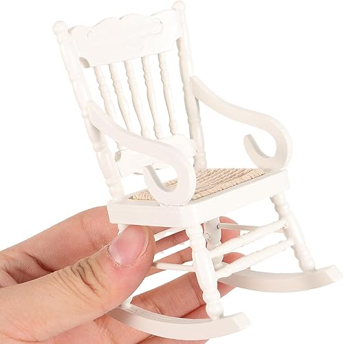 Miniatura 4 de Silla de madera para casa de muñecas, modelo de silla mecedora de madera en miniatura 1:12 (blanco)