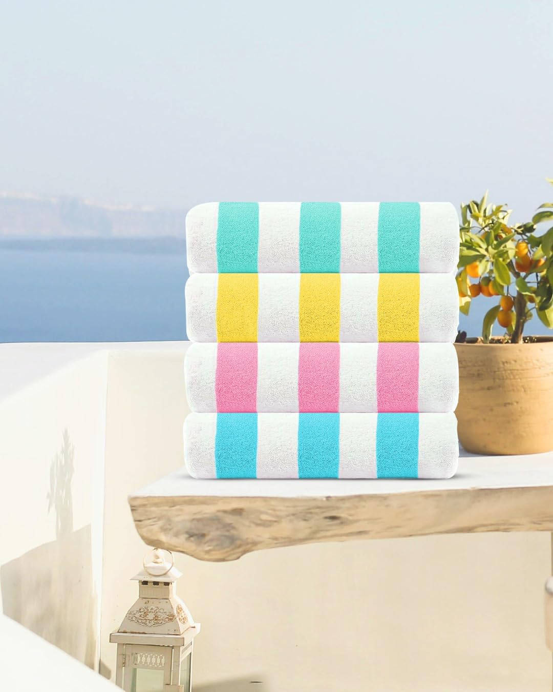 CASA COPENHAGEN Cabana Beach Towel Designed in Denmark Rough and Tough, Quick Dry, Beach, Pool, Bath & Shower 30x60 inches 4 Pieces Cotton Beach Bath Towels Set - Teal, Lemon, Pink, Water Blue