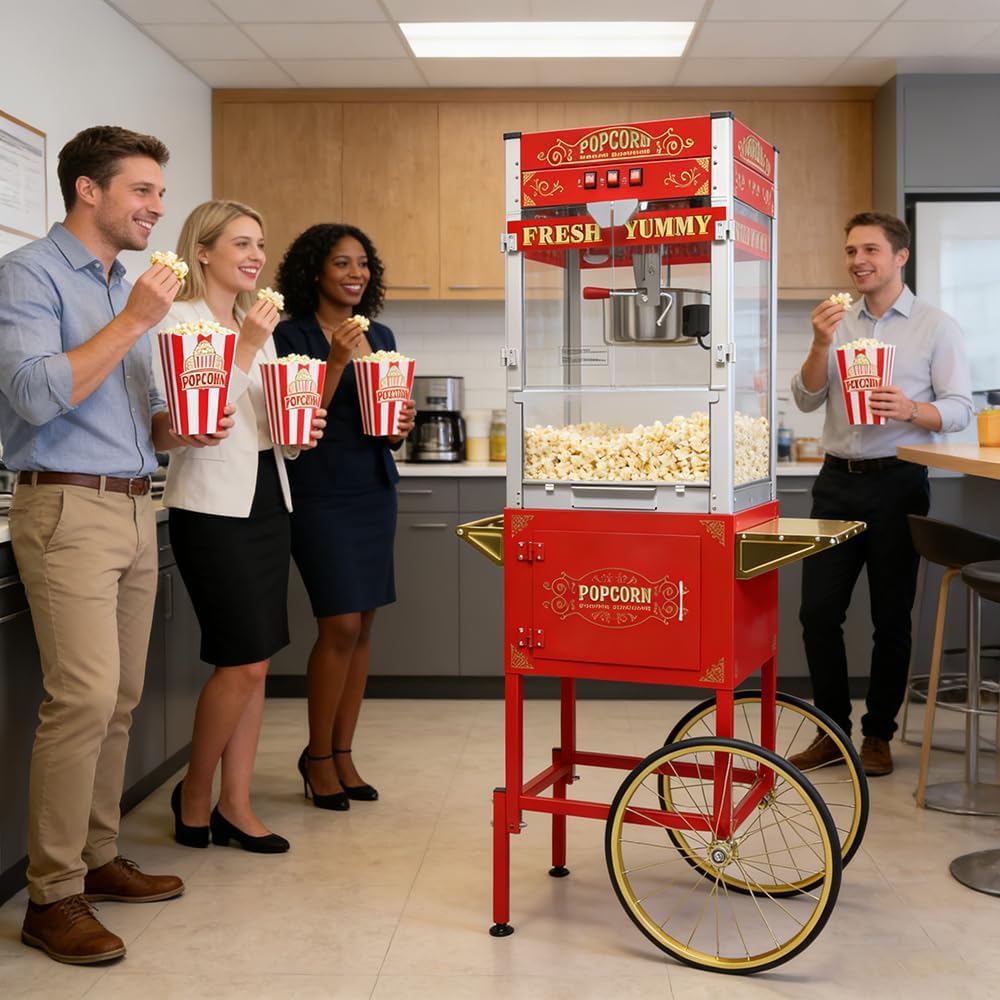 Commercial Popcorn Machine with Cart & Wheels 丨 Popcorn Maker with 24OZ Stainless Steel Kettle丨 Pop corn Machine Maker for Home, Theater, Parties, Red