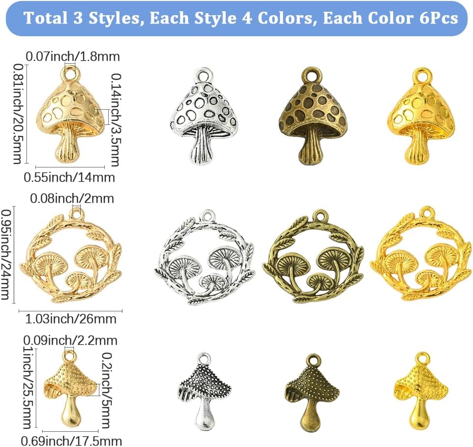 SUNNYCLUE 1 Box 72Pcs 12 Styles Metal Mushroom Charm Forest Themed Charms Bulk Rose Gold Silver Antique Bronze Alloy Tibetan Mushrooms Plants Tiny Pendants for Jewelry Making Earrings DIY Crafting - Image 2