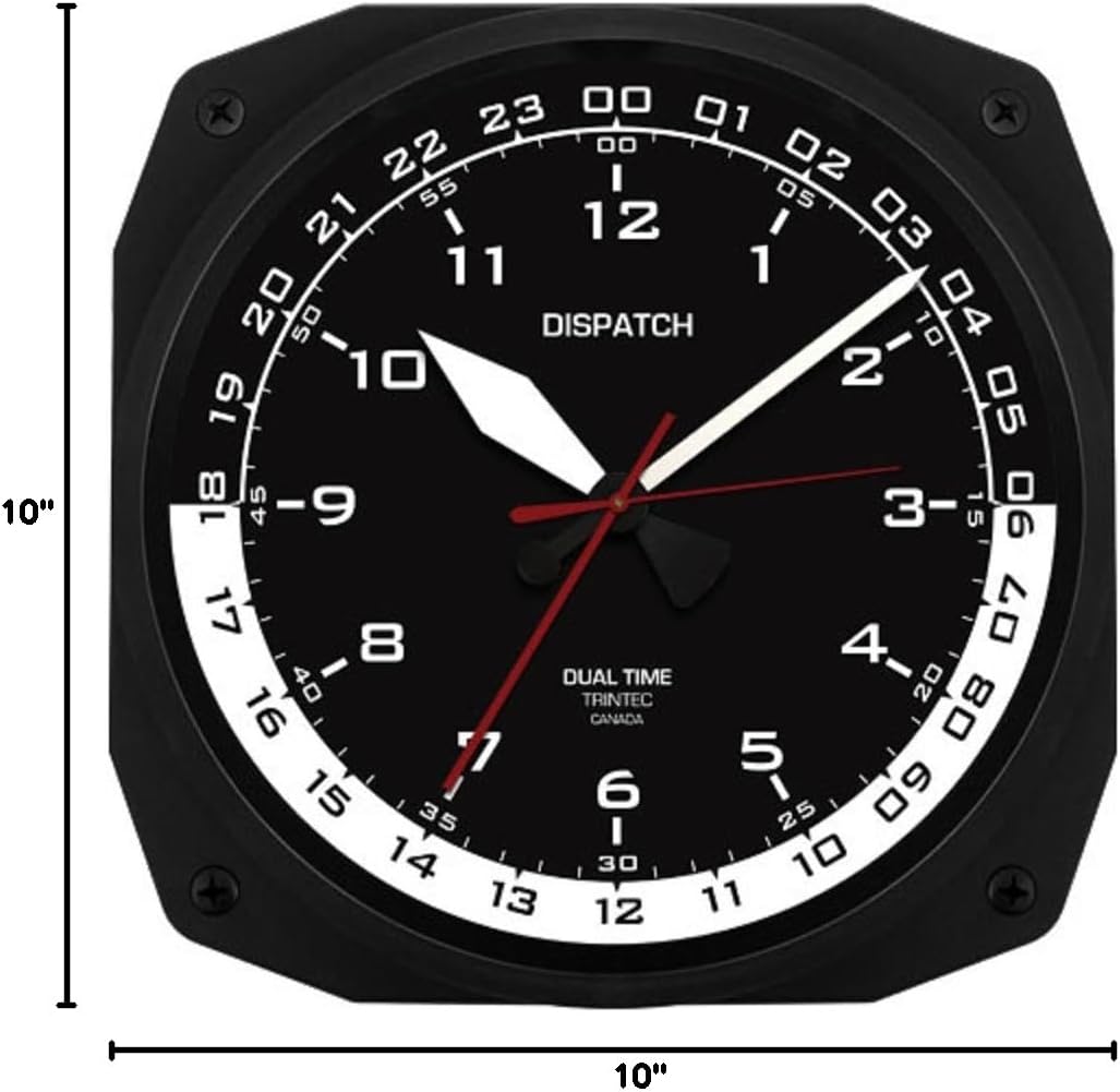 Trintec 12 & 24 Hour 10" Square Military Time Swl Zulu Time 24hr 10" Wall Clock Black Dial with White Moon DSP-10