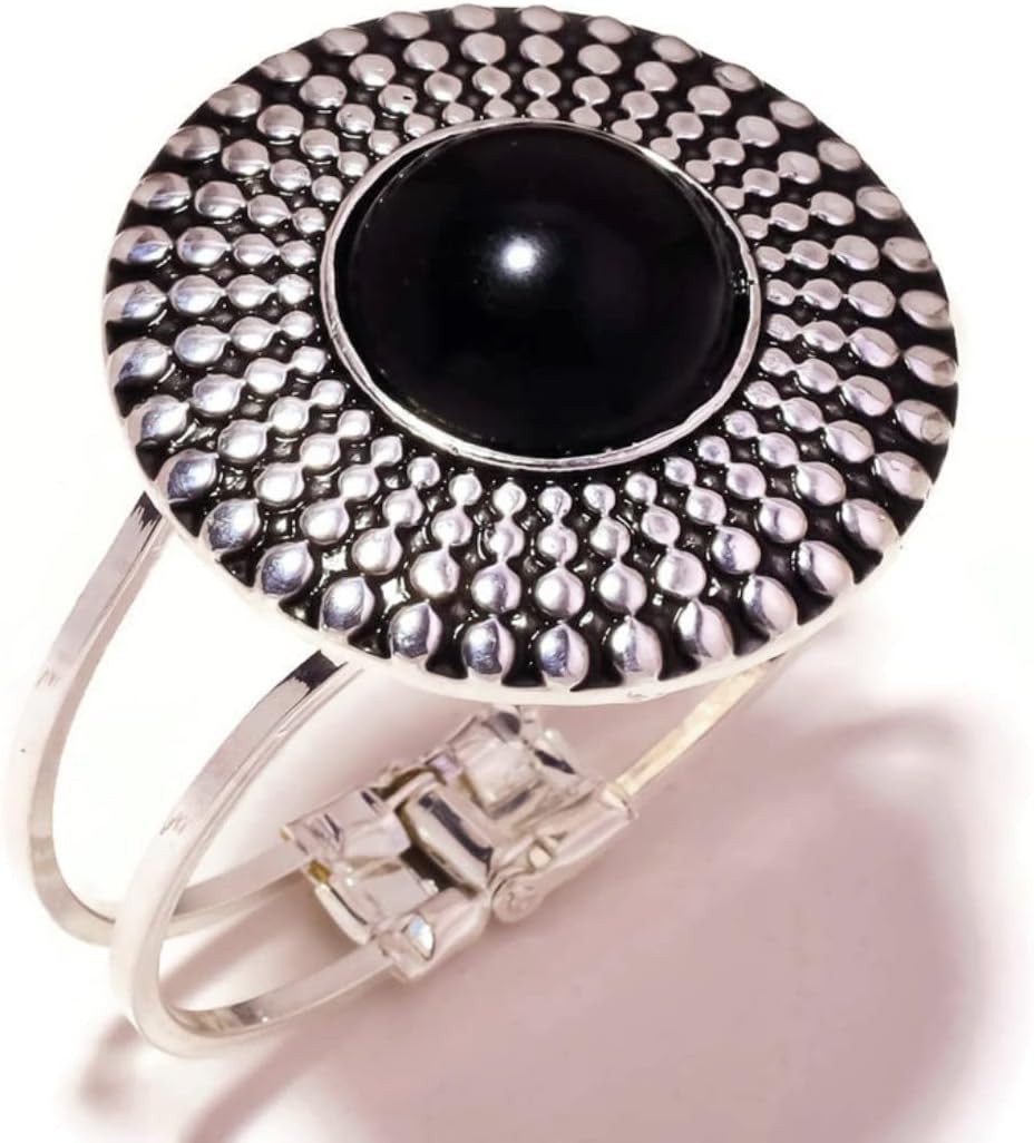 Black Onyx Cabochon Round Gemstone Silver Plated Handmade Oxidized Cuff Bangle Bracelet