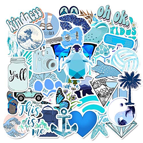 Blue Stickers For Water Bottle Trendy Teen Girls Laptop Hydroflasks Phone Car Bumper Computer Skateboard Decals Beach Theme With Turtle Pineapple Coconut Tree Design- 50Pcs #TOP6