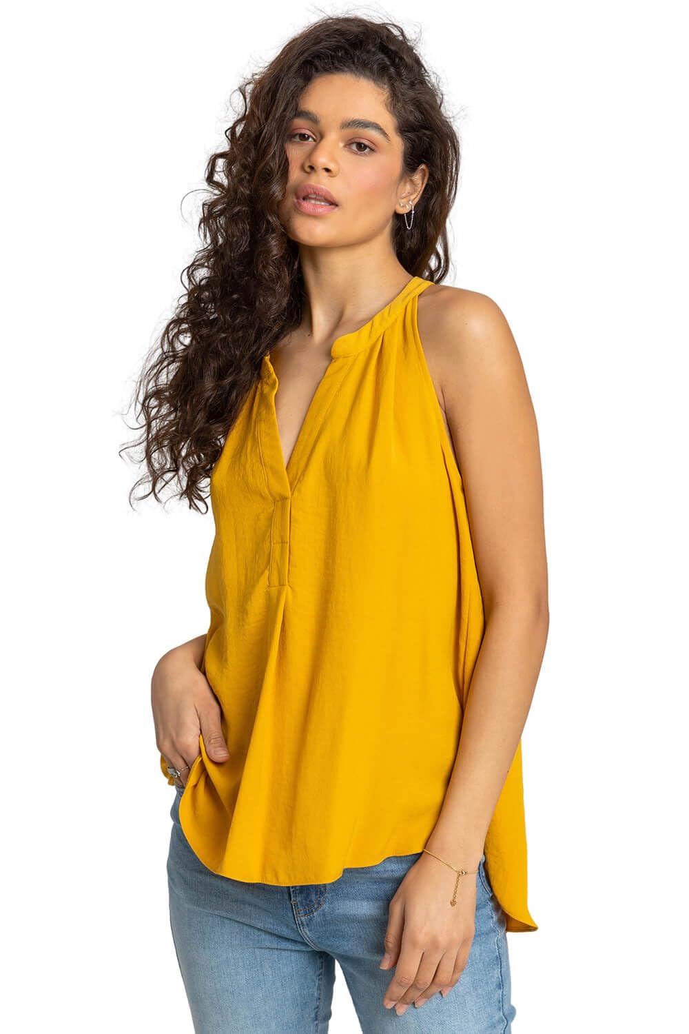 Roman Originals Women's Ochre Plain Dipped Hem Vest Top - Spring Everyday Summer Holiday Sleeveless Notch Neckline Comfy Lightweight Top Vacation Vests - Size 24