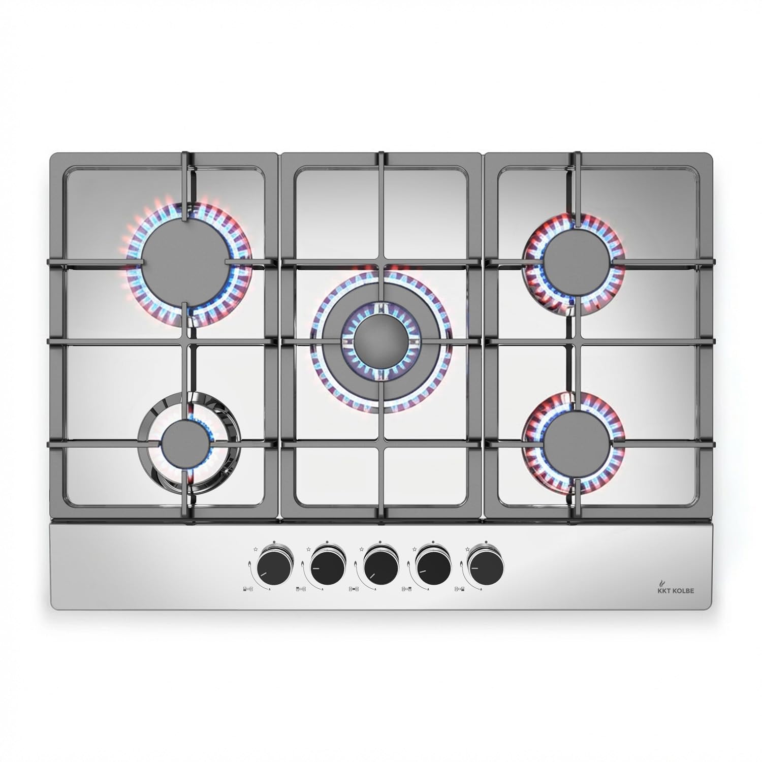 KKT KOLBE Placa de gas 74 cm inox sin marco | 5 fuegos 10,6 kW con zona wok | mandos giratorios, parrillas de hierro fundido | apta gas natural y propano | G805ED