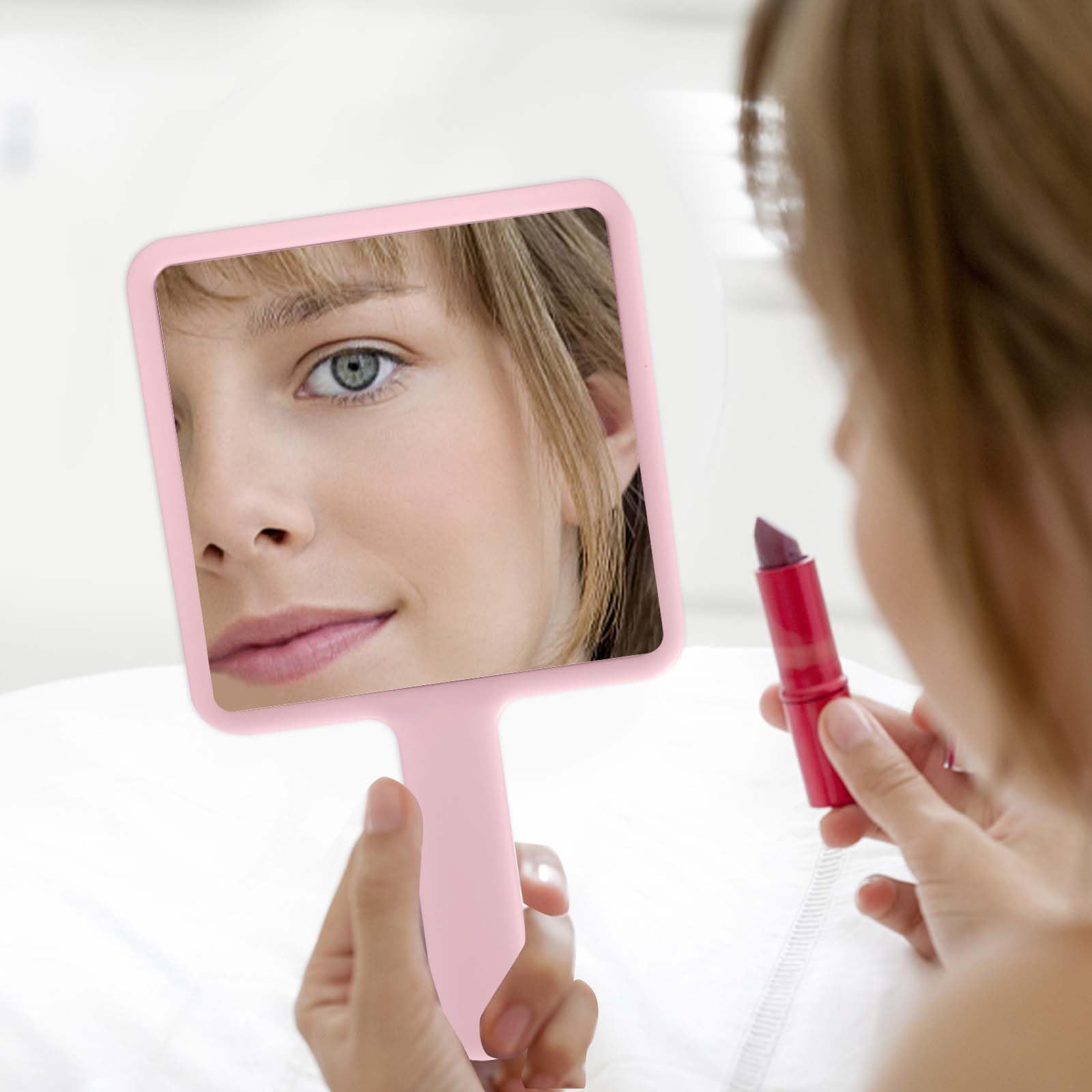 Naapesi Specchio a Mano,Specchio Trucco Portatile con Manico,Specchio Cosmetico Quadrato,Specchietto Dentista,Specchio Barbiere con Comoda Maniglia,Perfetto per Radersi o Applicare il Trucco (Rosa)