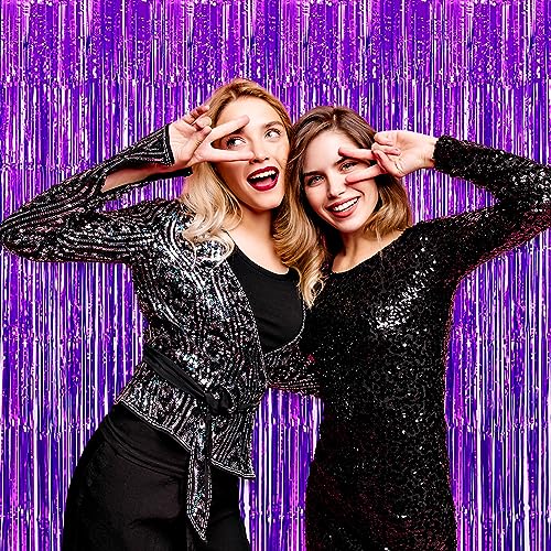 Image of 6 Pack Purple Foil Fringe Curtain Backdrop, 3.28Ft x 8.2Ft Metallic Tinsel Foil Fringe Streamer Curtains for Photo Booth, Christmas Day, Thanksgiving, Wedding, New Year Party Decorations