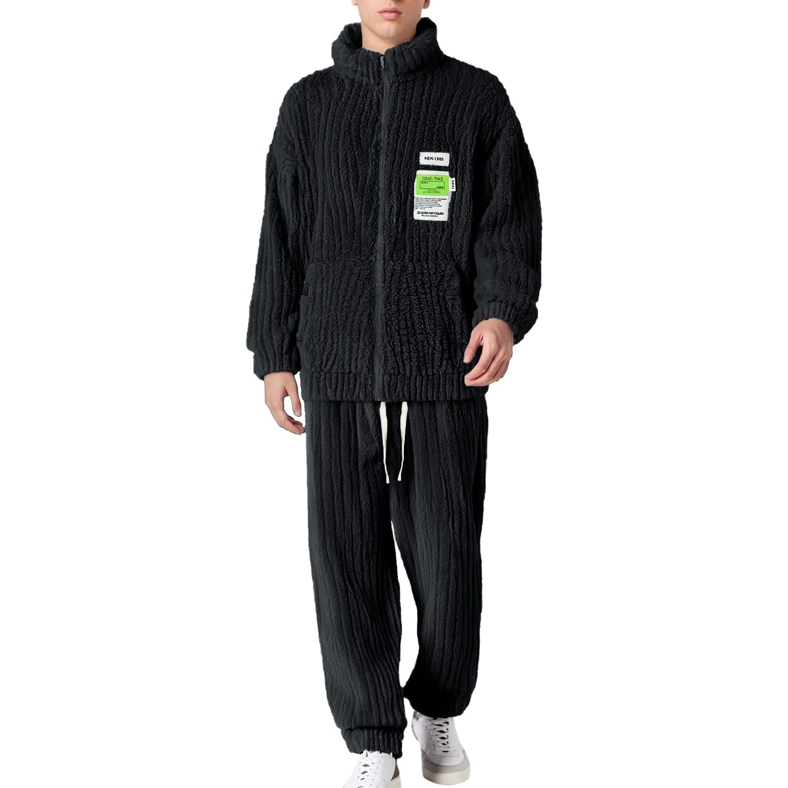 Generisch Pijama largo para hombre, forro polar coral, ropa de salón, franela para invierno, ropa de dormir gruesa, 2 piezas, cuello alto, parte superior con cremallera y pantalón de pijama elástico