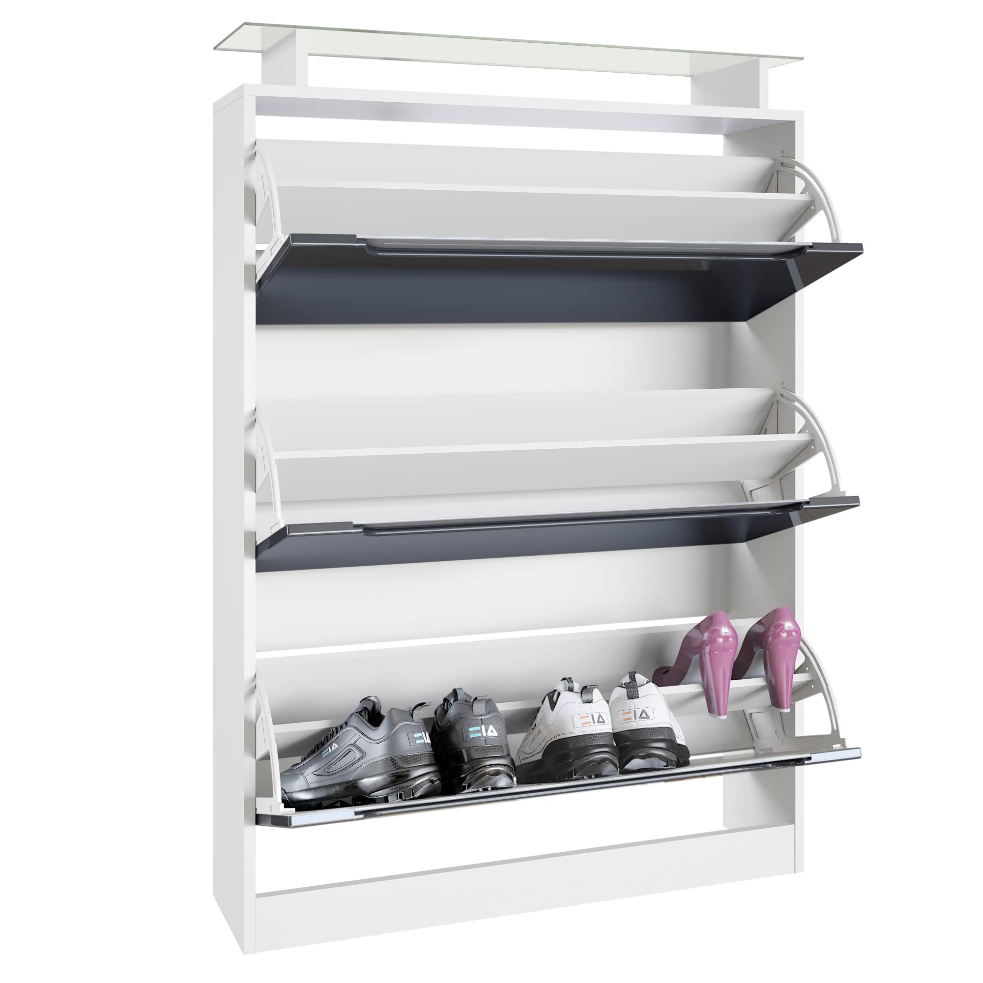 Vladon Zapatero Space, Armario para Zapatos para 24 Pares de Zapatos con 3 Puertas abatibles y Estante de Cristal, Blanco Mate/Blanco de Alto Brillo (89 x 128 x 23 cm)