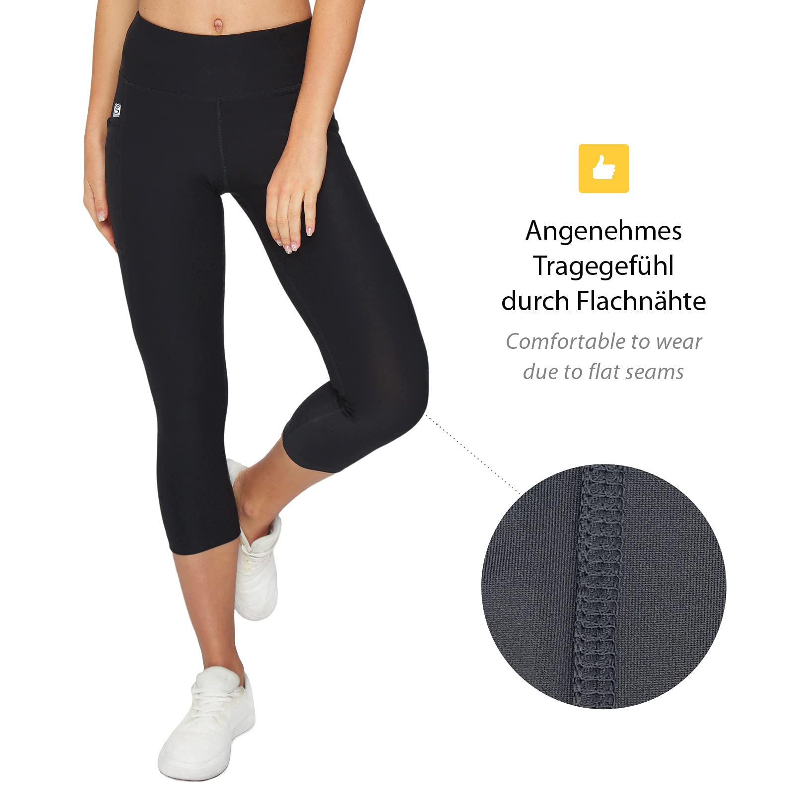 Variosports Sport Capri 3 4 Donna con 2 Scomparti Laterali per Telefono Cellulare, Chiavi, Carta di Credito e Co. Fitness Sport Collant Sportivo Brazil Modello Yoga Noir