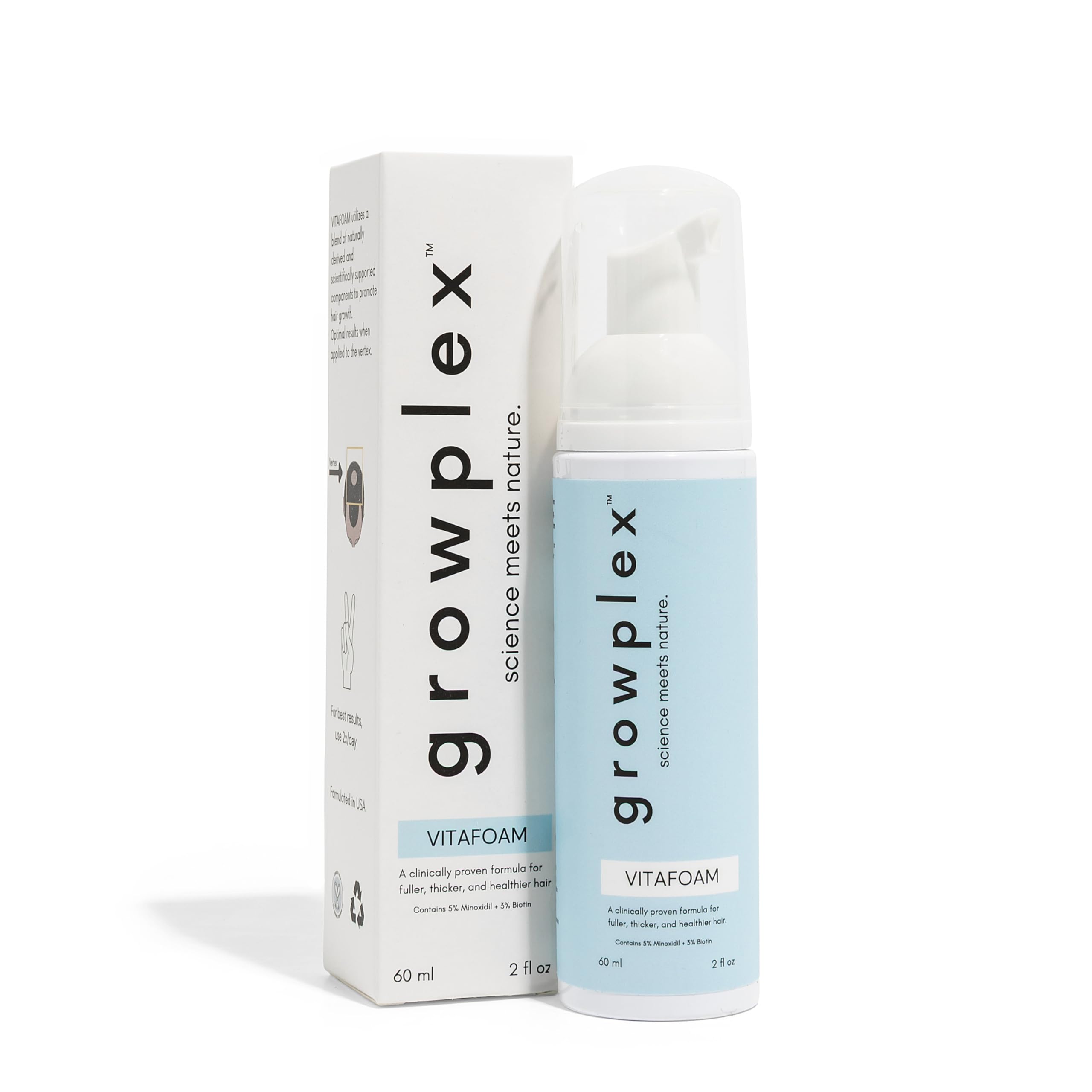 Growplex Vitafoam 5% Minoxidil Foam for Men & Women, DHT Blocking Minoxidil for Men Foam, Non-Greasy, Fast-Drying Formula for Hair Regrowth