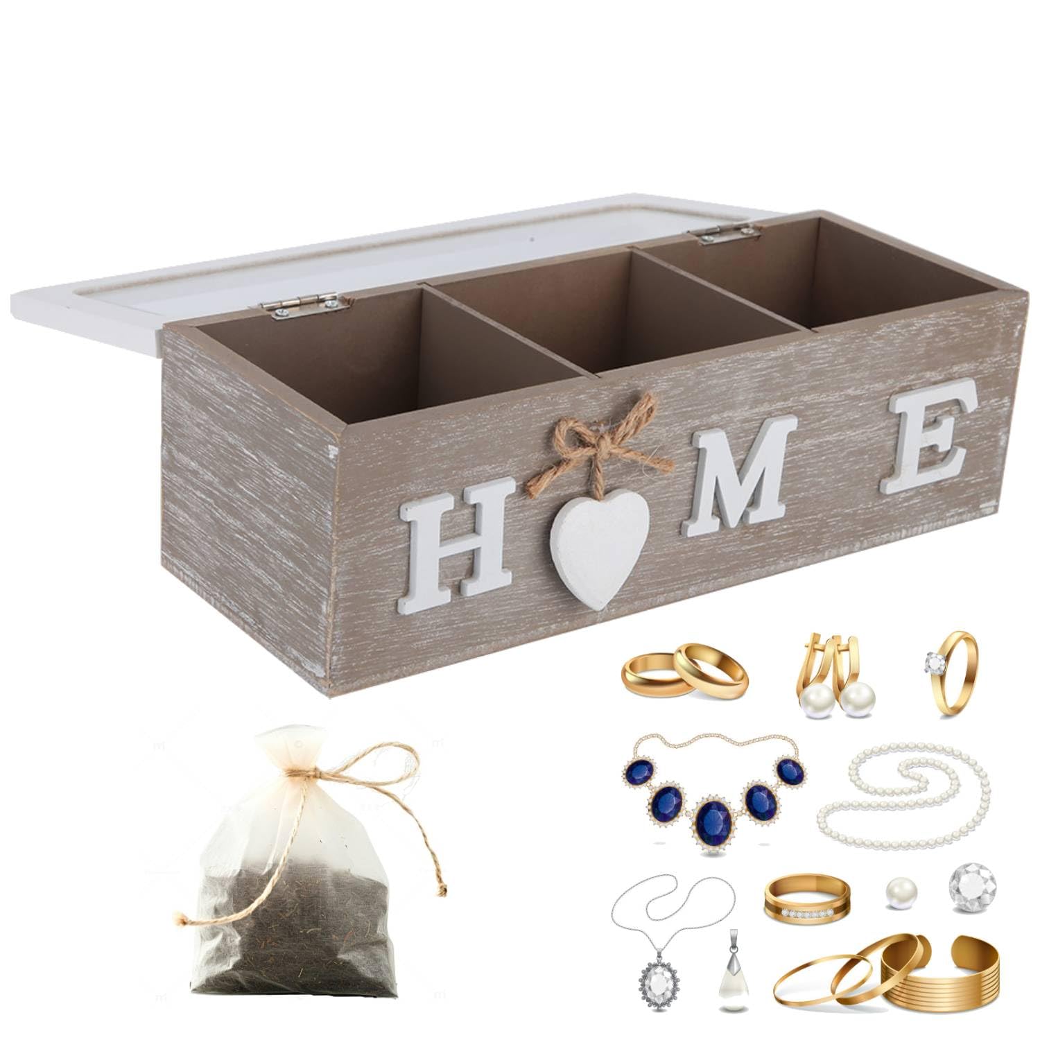 Tissting Portagioie in Legno, Scatola Decorativa Retrò con Vetro Acrilico 2 Scomparti per Organizzazione Gioielli, Tè e Accessori per Desktop