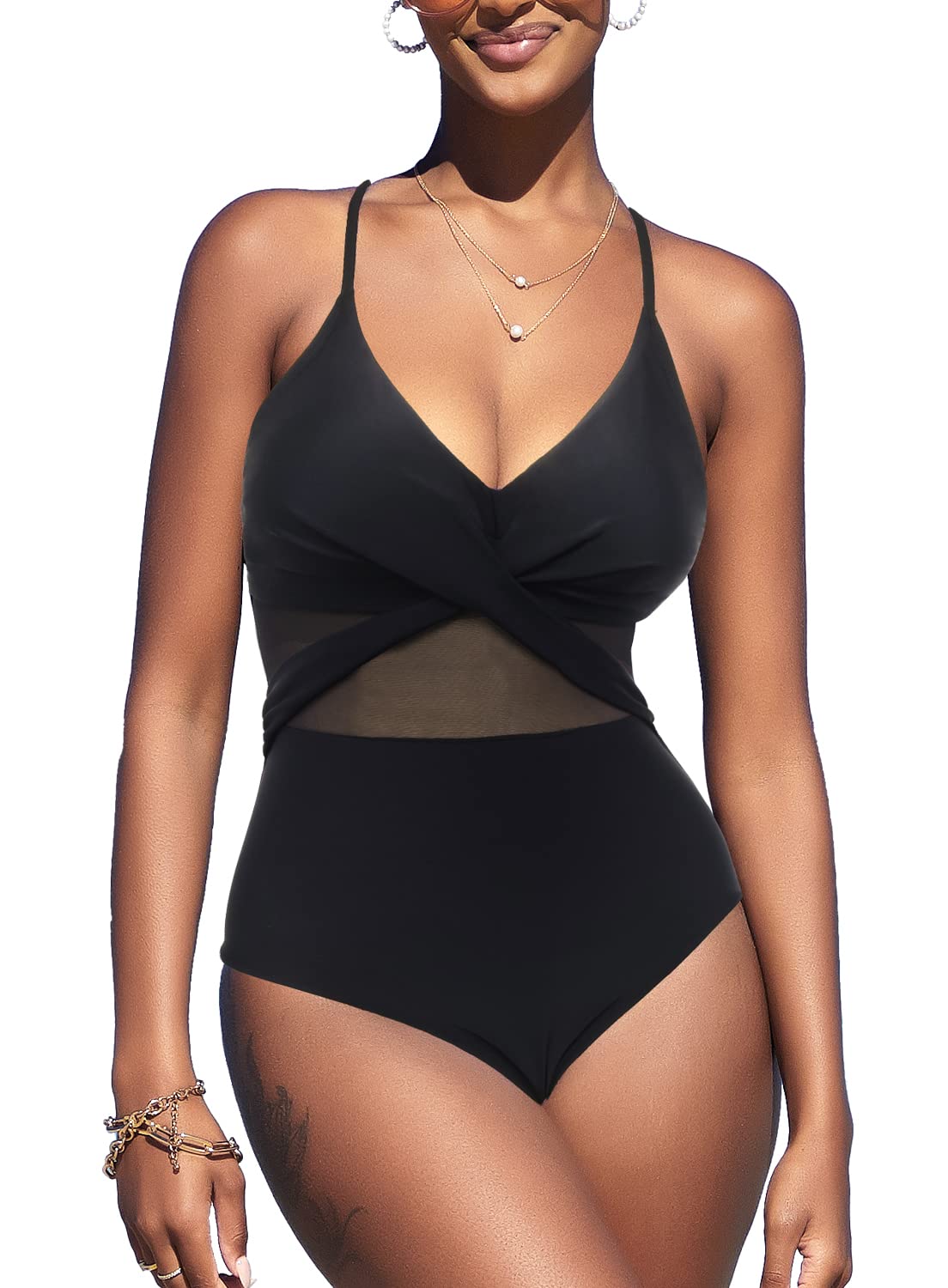 SuperPrityOne Piece Swimsuits V Neck Mesh Tummy Control Bathing Suits for Women Criss Cross Monokini(Available in Plus Size)