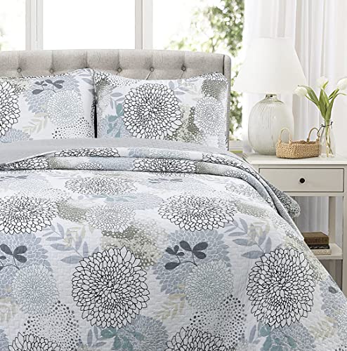 Cozy Line Home Fashions Nina Trista Flowers Aqua Blue Tape Grey Floral Print 100% Cotton Reversible Quilt Bedding Set, Bedspread Coverlet (Aqua Blue, Queen - 3 Piece)