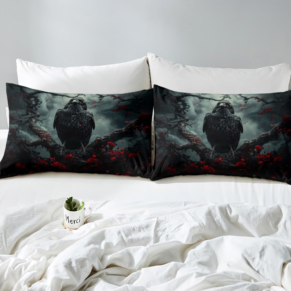 Feelyou Crows Bedding Set Queen Kids Ravens Halloween Comforter Cover Set for Boys Girls Gothic Art Halloween Duvet Cover Bedspread Cover Room Decorations Quilt Cover,No Stuffing