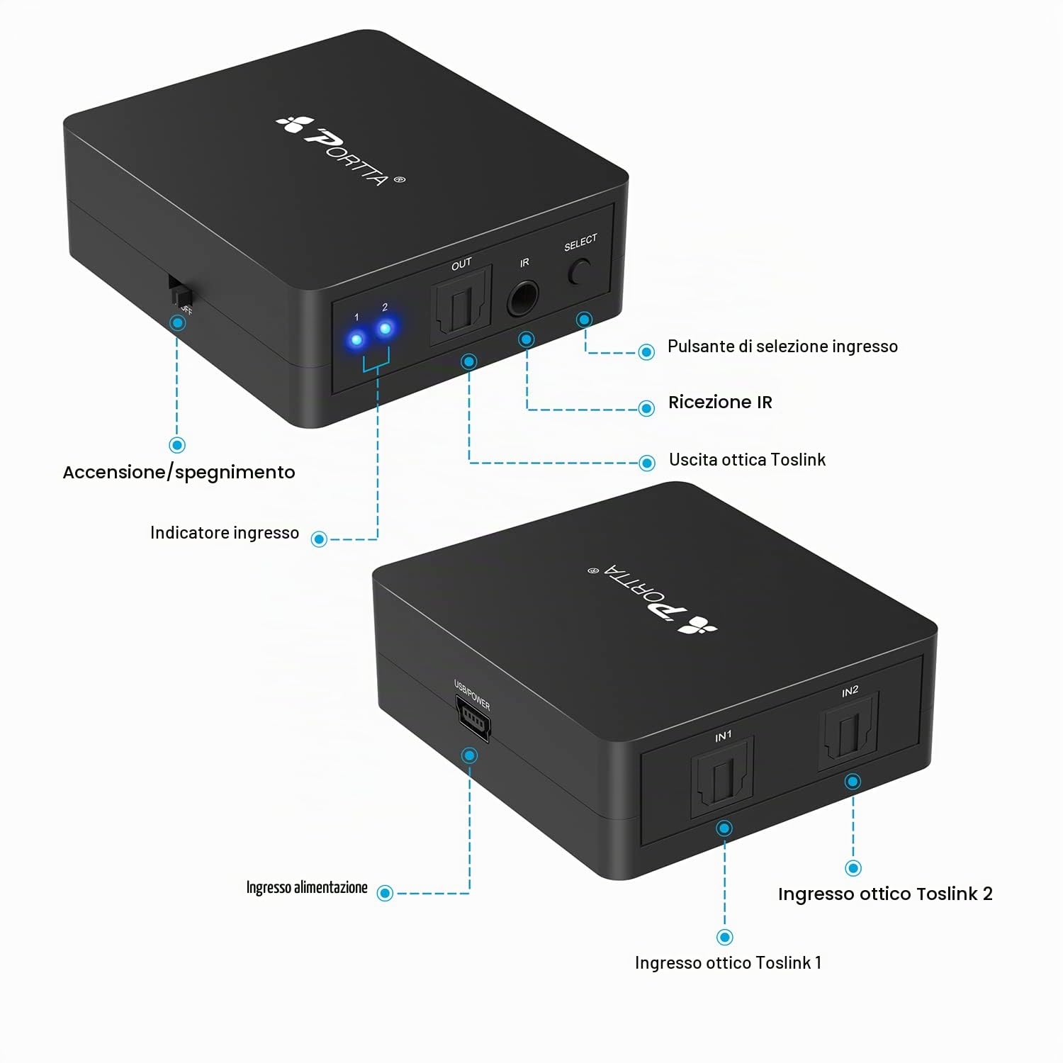 Portta Audio Switch SPDIF Toslink 2 Port 2 Ingressi 1 uscita Digital Optical Commutatore switcher con telecomando IR per PS3 DVD Player Amplificatore
