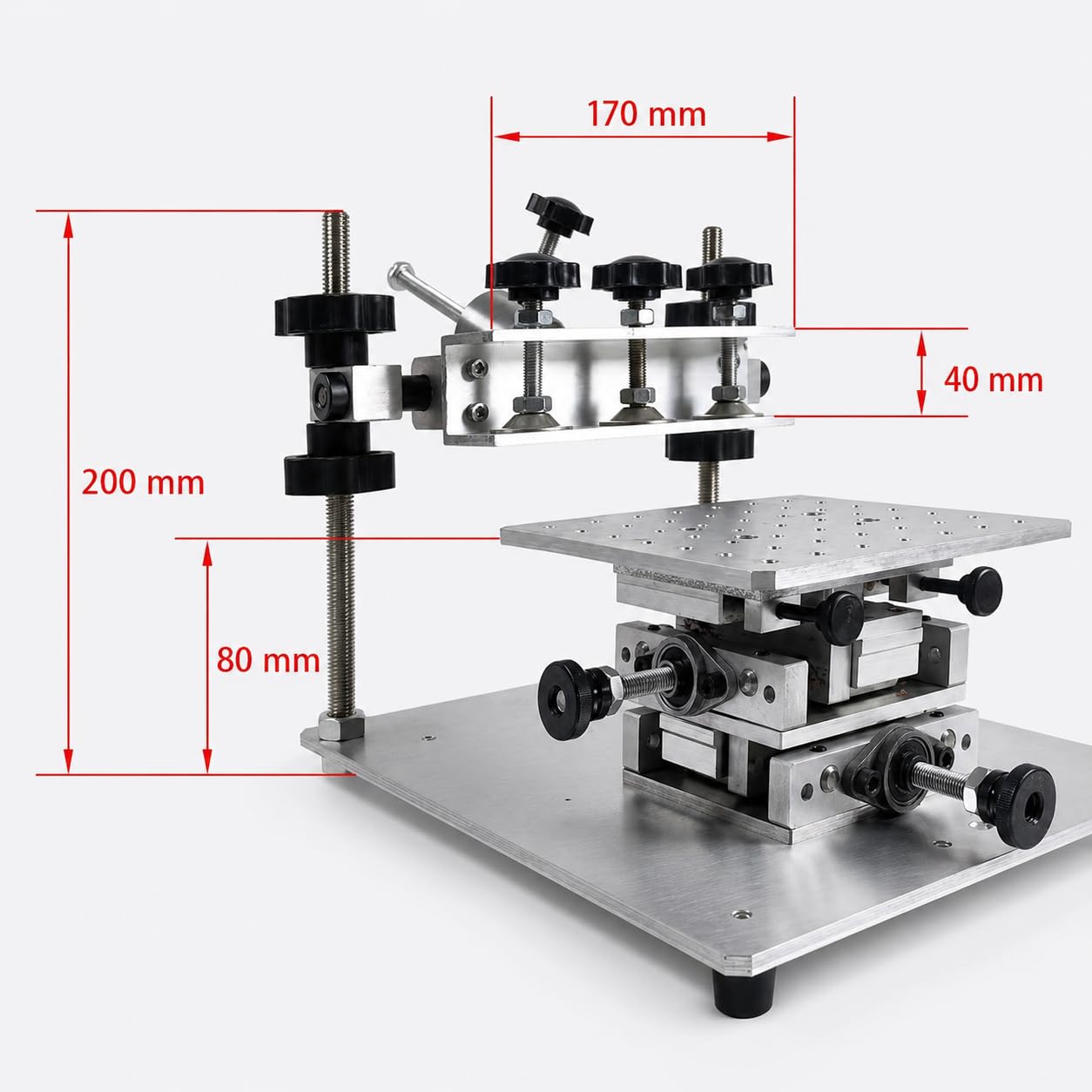 Ręczna drukarka pasty lutowniczej SMT, regulowany stół szablonowy 150 x 150 mm | Precyzyjna regulacja obrotowa 30°, skok 20 mm X/Y i aluminiowa podstawa CNC dla stabilnego drukowania PCB