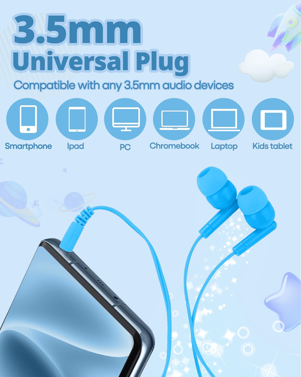 Confezione da 100 auricolari in-ear con jack da 3,5 mm, per studenti scolastici e scolastici, per bambini, ragazzi e ragazze
